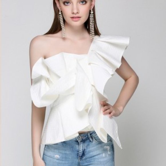 Off Shoulder Blue White Top - Picture 3 of 3